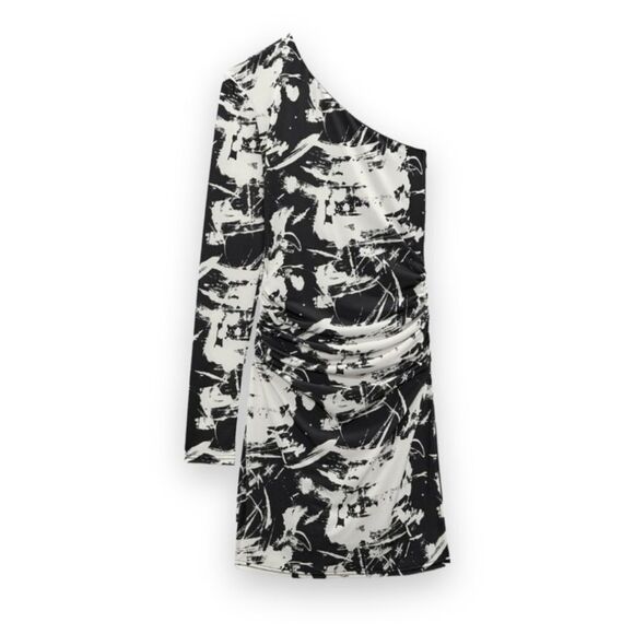 Zara Printed Asymmetrical One Shoulder Mini Dress Black & White Print US… - Picture 2 of 7